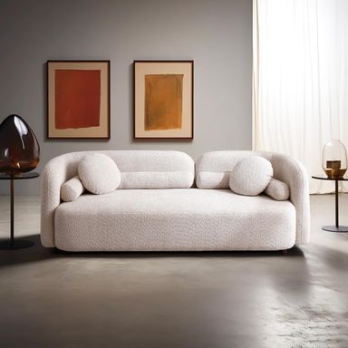 Yoglad 88.58‘’ 3-Seater Modern Curved Couch Sofa, Cozy Thick Upholstered Teddy Loveseat, Half Moon Aesthetic Design Sherpa Couch for Living Room Bedroom Apartment Studio (Boucle,Light Beige)