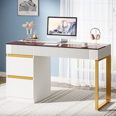 Amazon.com: Tribesigns Computer Desk with 4 Drawers, 47 Inch Modern Home Office Desk with Glass Top, White and Gold Writing Workstation Desk with Storage, Makeup Vanity Table for Living Room, Bedroom : Home & Kitchen