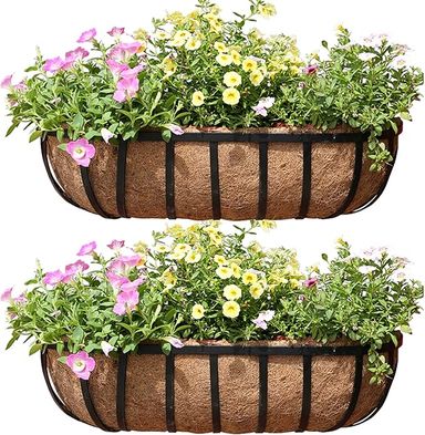 Amazon.com : 24 Inch Railing Planter Window Box Deck Balcony Rail Planter with Coco Liner Metal Wall-Mounted Coconut Liner Planter Basket English Horse Trough Planter for Outdoor Balcony Porch Fence Patio (2 Pack) : Patio, Lawn & Garden