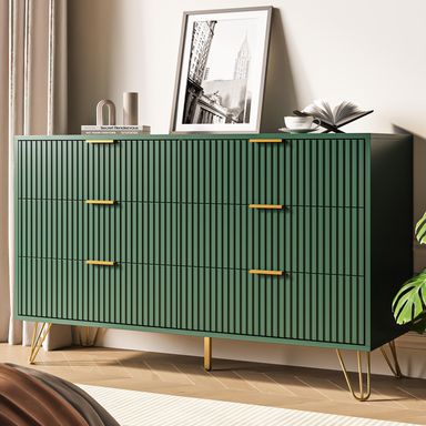 Green Dresser for Bedroom, Modern Dresser with Gold Metal Handles & Chests of Drawers, Wood Chest of Drawers for Bedroom Green 15.7"D x 47.2"W x 29.5"H (6 Drawers)