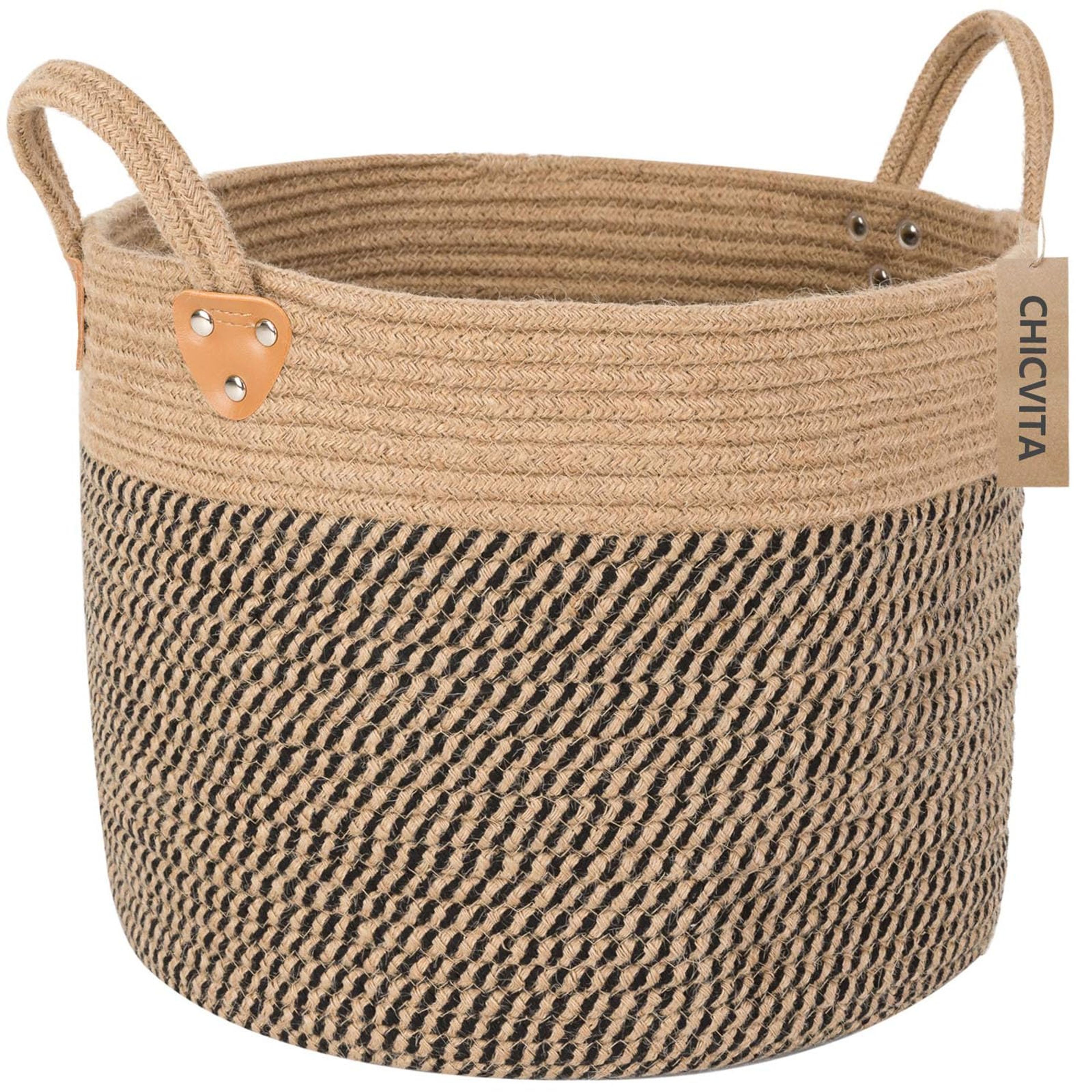 CHICVITA Black Wicker Laundry Basket with Handles 14x14x12"