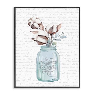 Stupell Industries Handmade Soap Jar Cotton Flower Bathroom Word, Design by Artist Lettered and Lined Wall Art, 11 x 14, Black Framed