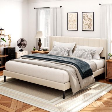 King Size Bed Frame and Headboard,Vertical Channel Tufted Wingback No Box Spring Needed, Mattress Foundation, Easy Assembly, Beige