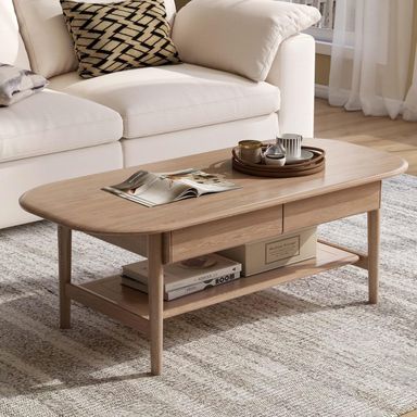 100% Solid Wood Coffee Table for Living Room, 2-Tier Living Room Table with 2 Drawers and Shelf Storage, Mid Century Modern Coffee Table for Home (Mandshurica White, 47.24'' W)