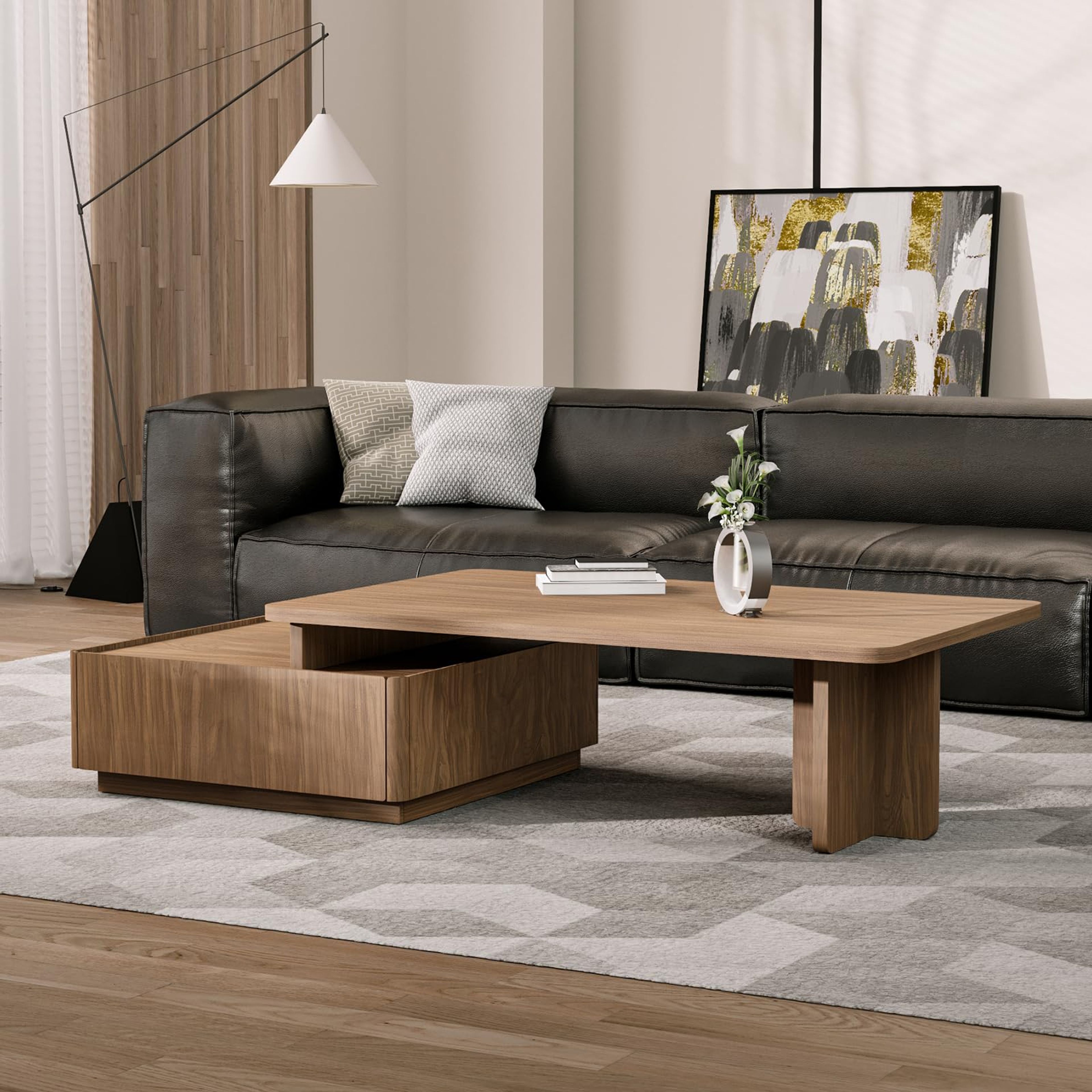 59" Walnut Square Coffee Table with Hidden Storage & Expandable Top