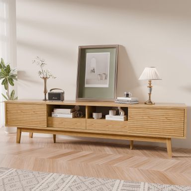 TOLEAD 70" TV Console, Mid Century Modern Media Console for 55/65/75 Inch TV, Low Profile TV Stand with Fluted Sliding Doors, Boho Light Wood Credenza for Living Room, Oak