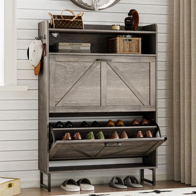 Shoe Cabinet with 2 Flip Drawers Narrow Shoe Storage Organizer Wooden Freestanding Rack Hidden Slim Shoes Storage Cabinet for Entryway, Hallway, Living Room, Bedroom (Grey)