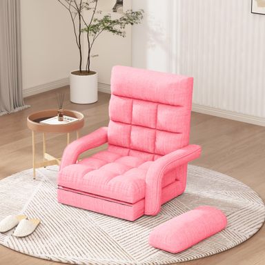 Folding Floor Chair, 6-Position Adjustable Chaise Lounge Indoor, Floor Gaming Chair for Adults, Comfy Lazy Sofa Chair with Arms for Living Room, Bedroom, Pink