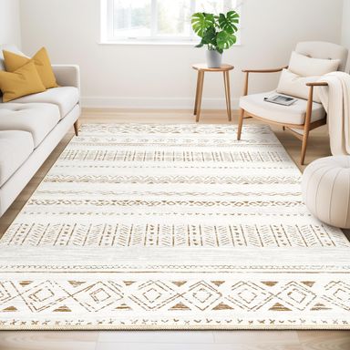 Large Living Room Area Rug 5x7: Soft Machine Washable Boho Moroccan Farmhouse Rugs for Bedroom Under Dining Table - Non-Slip Neutral Morden Indoor Floor Carpet for Home Office - Brown/Cream Light Brown/Cream 5' x 7'
