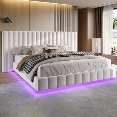 Jocisland Queen Bed Frame with LED Lights and Upholstered Oversized Headboard, Modern Velvet Platform with Floating Design, No Box Spring Needed, Cream Cream Queen (U.S. Standard)