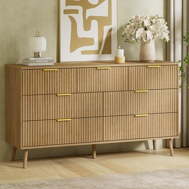 LYNSOM 55" W Fluted Dresser for Bedroom with 7 Drawer, Modern Chest of Drawers with Metal Handle and Curved Profile Design, Wood Dresser TV Stand & Storage Organizer for Living Room, Natural Oak Natural Oak 15.7"D x 55.1"W x 30.9"H (7 Drawers)