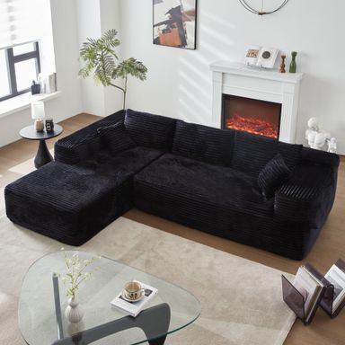 104" L-Shape Modular Sectional Sofa Couch - Comfy Upholstered Cloud Couch for Living Room - Modern Minimalist Couches,Deep Seat,No Assembly Required (Black,Plush Corduroy, Left Facing Chaise) Left Facing Chaise Black,plush Corduroy