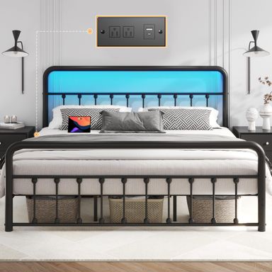 Fluest 14 Inch King Bed Frame Classic Metal Platform Bed Frame with Charging Station & LED, Victorian Style Iron-Art Headboard/Footboard, Under Bed Storage, No Box Spring Needed, Noise Free King 14 Inch
