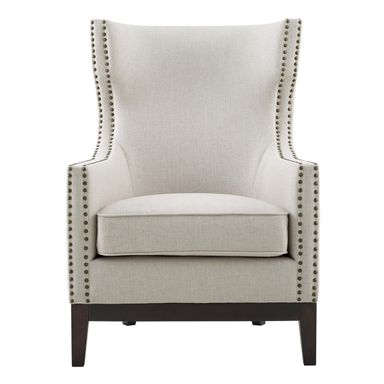 Steve Silver Roswell Wingback Modern Profile, Scalloped Sides, Brass Nailhead Trim, Beige Linen Fabric, Pearl Finish Accent Chair, 29 x 36 x 41
