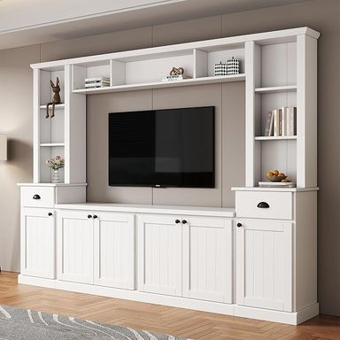 Amazon.com: RuiSiSi 103" Modern Minimalist Entertainment Center Wall Unit with Bridge for 75” TVs, Large TV Stand with Bookshelf, Drawers, Display Cabinet for Living Room, White : Home & Kitchen