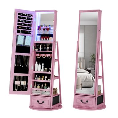 HWB Standing Full-Length Mirror Jewelry Armories, Jewelry Organizer with LED Lights 360° Swivel, Lockable Jewelry Cabinet, Jewelry Storage with Shelves & Stable Base Pink