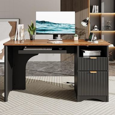 Amazon.com: Bestier Computer Desk with Keyboard Tray, 55 inch Office Desk with Power Outlet, Modern Home Office Desk with File Drawer (Walnut with Black, 55" W with Single-Sided Drawers) : Home & Kitchen