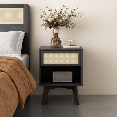 MUSEHOMEINC Nightstand, Boho Bedside Table with Rattan Drawer Open Shelf, Black Wooden Night Stand with Storage, Mid Century Modern End Table for Bedroom, Living Room,Dorm and Small Spaces