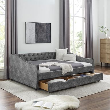 Daybed with Drawers, Modern Upholstered Full Size Day Bed Button-Tufted Sofa Daybed Frame with Double Drawers, No Box Spring Needed, Furniture for Bedroom Living Room Guest Room (Dark Grey, Full) Full Dark Grey