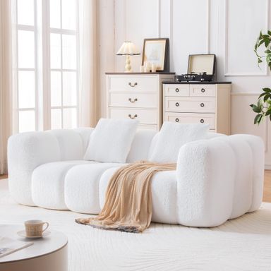 Loveseat Sofa, Comfy Deep Seat Boneless Couch with 2 Pillows, Modern Cloud Couch, Upholstered 3-Seater Boucle Couches for Living Room, Bedroom, Apartment(White)