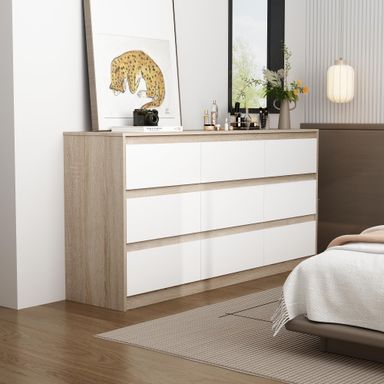 Homsee 9 Drawers Double Dresser, Modern Wood Dresser Chest of Drawers with Large Storage Space for Bedroom, White & Walnut (63”L x 15.7”W x 31.5”H)