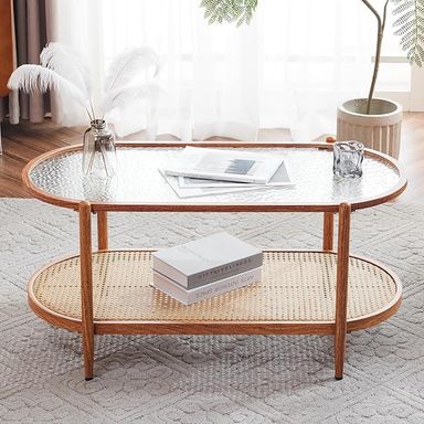 Amazon.com: VINGLI 38" Rattan Oval Coffee Table, Water-Wave Glass Metal Center Table, Modern Coffee Table with 2-Tier Storage, Farmhouse Coffee Table for Living Room and Small Space, Natural Vibe : Home & Kitchen