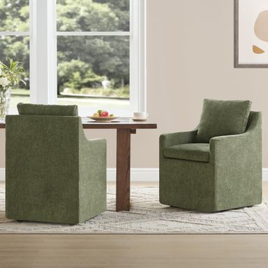 Upholstered Dining Chairs with Casters Easy Assembly Side Deskchair with Rollers for Diningroom, Living Room, Green, 2 Box Green 2 PCS