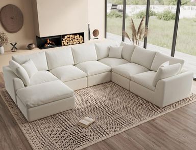 Oversized Cloud Couches for Living Room, Convertible Sectional Couch with Ottoman, 7 Seater Large Modular Sectional Sofa, Warm White Warm White 7 Seater