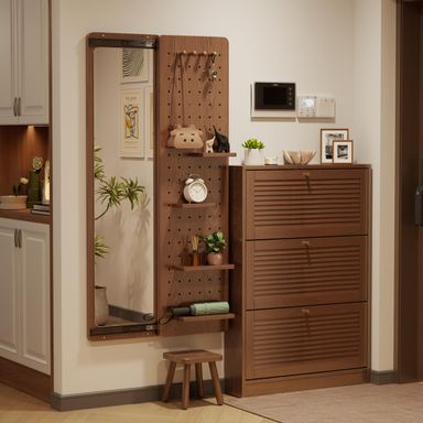 Wall Full Length,Wood with Shelf,Rustic with Hooks Full Length Wall Mounted with Multifunctional Design Panel,Living Room,Entryway