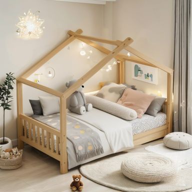 Bellemave Floor House Beds Wood Montessori Bed Frame Twin Size Platform Bed with Headboard & Footboard for Kids Boys Girls Teens, Natural