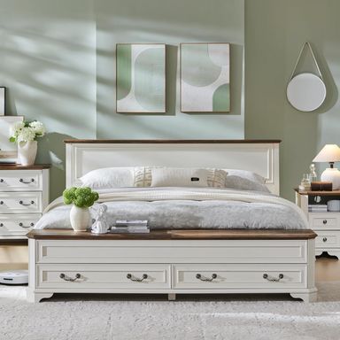T4TREAM Farmhouse King Bed with Headboard and Storage Bench, Rustic Wood Platform Bed with 80" Storage Chest w/ 4 Large Storage Drawer (Antique White)