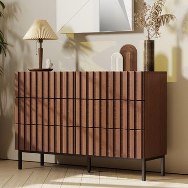 UEV Mid-Century Modern Dresser for Bedroom, Fluted 6 Drawer Dresser with Metal Stand, Accent Light Wood Chest of Drawers for Bedroom,Living Room,Hallway (Walnut)