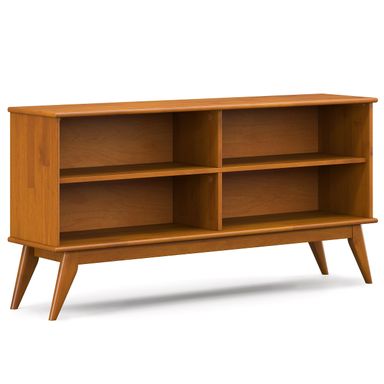 SIMPLIHOME Draper Bookcase - 30 inch Tall Solid Hardwood Low Bookshelf in Teak Brown, Mid-Century Modern Storage for Living Room, Study Room or Office with Tapered Legs and Wide Open Shelves Low Bookcase Teak Brown