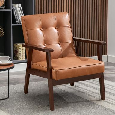 Bonzy Home Mid Century Modern Accent Chair for Living Room, Upholstered Faux Leather Armchair Comfy Retro Bedroom Side Chair with Solid Wood Frame, Orange Caramel Set of 1