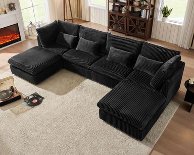 CHIC HOUSE Oversized Modular Sofa, Extra Deep Cloud Corduroy Sectional Couch with Ottoman Chaise, FSC Certified Fluffy Chenille 6 Seat U-Shaped Sofa for Living Room, Villa