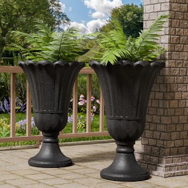 23.6" Tall Plastic Urn Planters for Outdoor Plants, Set of 2 Heavy-Duty Classic Indoor Large Flower Pots with Drainage Holes & Petal Design, Outdoor Planters for Porch, Home Garden, Black Black-p