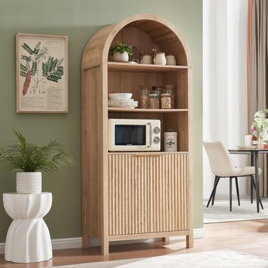 Arched Cabinet Bookshelf Bookcase - 71” Tall Mid Century Arched Display Cabinets, Rounded Bookshelf with Fluted Doors, Open Shelf Storage Cabinet for Dining Room (Natural)