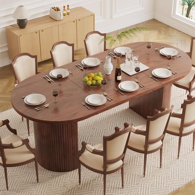 70.8 Inch Dining Table for 4-8, Oval Dining Room Table with Curved Fluted Wood Strip Base, Mid-Century Modern Kitchen Tables with Footpads, Dinner Tables for Living Room, Dining Room, Walnut