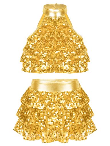 Kids Girls 2PCs Dance Outfits Sequins Halter Neck Crop Top with Layered Skirts Jazz Latin Performance Costumes 9-10 Years Gold