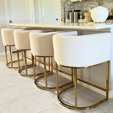 Set of 4 Counter Height Stools, 24" Modern Barrel Bar Stools With Arm, Upholstered Linen Chairs With Gold Metal Frame for Kitchen Island/Pub/Dining Room, Beige Beige & Gold 24" H Counter Height-4