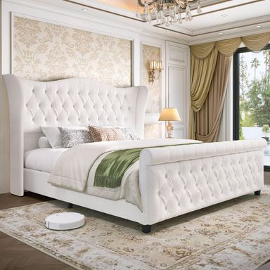 Queen Size Bed Frame Chenille Upholstered Platform Sleigh Bed with 51" Scroll Wingback Tall Headboard & Footboard/Deep Button Tufted/Easily Assemble/Wood Slats Support/No Box Spring Required/Cream