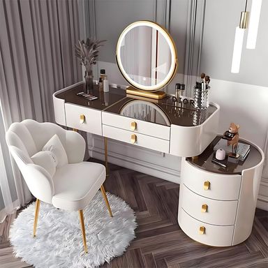 Vanity Table, Solid Wood Makeup Vanity Smart Mirror Includes Glass Top & Makeup Chair, Modern Vanities Desk with Storage Drawers, Home Furniture Vanities for Bedroom, Gifts for Her (White,48IN) 48" White-3d