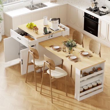 Merax 82.7" Kitchen Island with Extendable Dining Table for 4-6, with Storage, Charging Station, 2 Drawers & 2 Side Open Shelves for Dining Room House Bar, White Oak