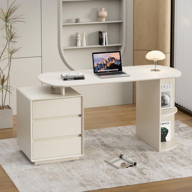 Qulomvs Desk with Drawers, 55inch Home Office White Desk with Drawers and Storage Shelves, Cream White Modern Simple Style Laptop Desk, Work Study Writing Table Workstation for Home Office