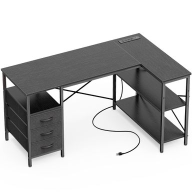 Huuger L Shaped Office Desk with Power Outlets, 47 Inch Computer Desk with 3 Drawers, Shelves, for Gaming, Corner Work, Home Office, Study, Black Black 47inch