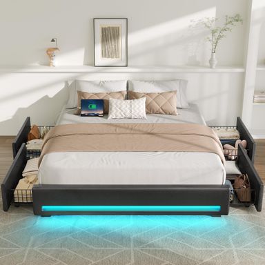 Rolanstar Queen Size Bed Frame with 4 Storage Drawers & Charging Station, Upholstered Platform Bed with LED Light, Heavy Metal Slats Support, No Box Spring Needed, Noise Free, Easy Assembly, Black