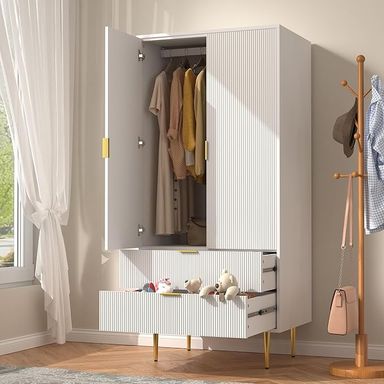 Amazon.com: BOMETAO Wardrobe Modern White Armoire Closet 71" H x 31" W x 20" D with 2 Doors and 2 Drawers, Hanging Rail, Functional Clothes Storage Cabinet for Bedroom or Apartment : Home & Kitchen