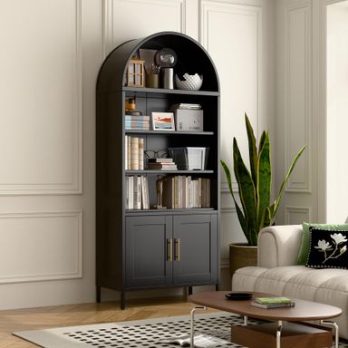 73 in Tall Metal Arched Cabinet, 5-Tier Arched Bookcase with Doors, Modern Farmhouse Bookshelf with 2 Adjustable Shelves, Kitchen Pantry Cabinet for Living Room, Black, Assembly Required