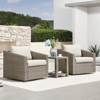 CHITA 3 Pieces Wicker Patio Bistro Set, Outdoor Furniture Set with 2 Pieces Rattan Swivel Chairs, Thickened Cushions and Side Table, Beige Cushions with Grey Wicker