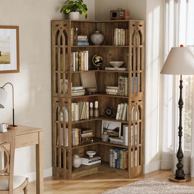 LITTLE TREE 6-Tier L-Shaped Bookcase, 75.2" Tall Corner Bookcase with Back Support and Guardrail Design, Freestanding Vintage Wooden Bookshelf for Living Room, Bedroom, Studies, Rustic Brown